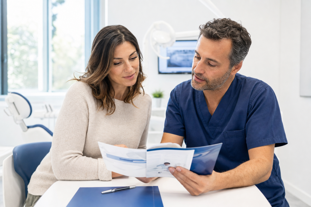 Dentista e paziente consultano la carta dei servizi